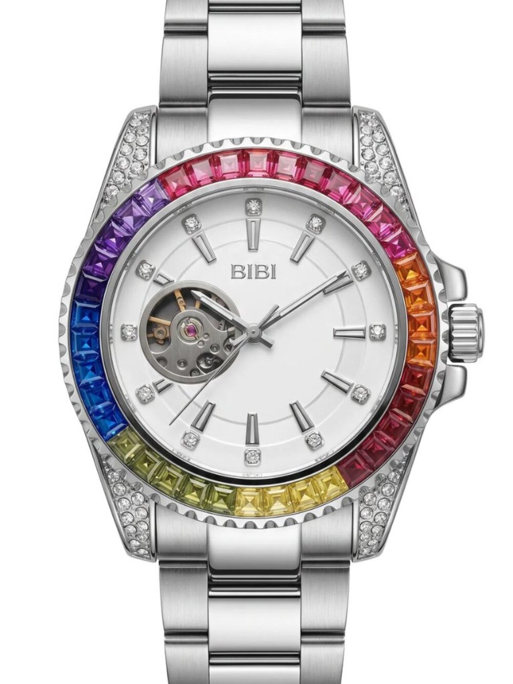 BiBi-B1102 square colored Zirconia white case, white dial, white metal strap